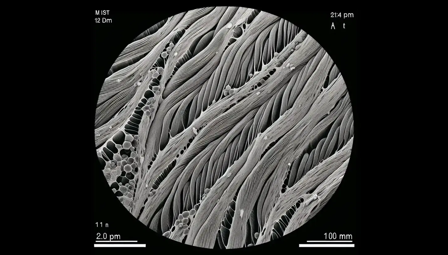 Fibras musculares humanas vistas al microscopio electrónico, mostrando la textura estriada de los filamentos de actina y miosina en tonos de gris.