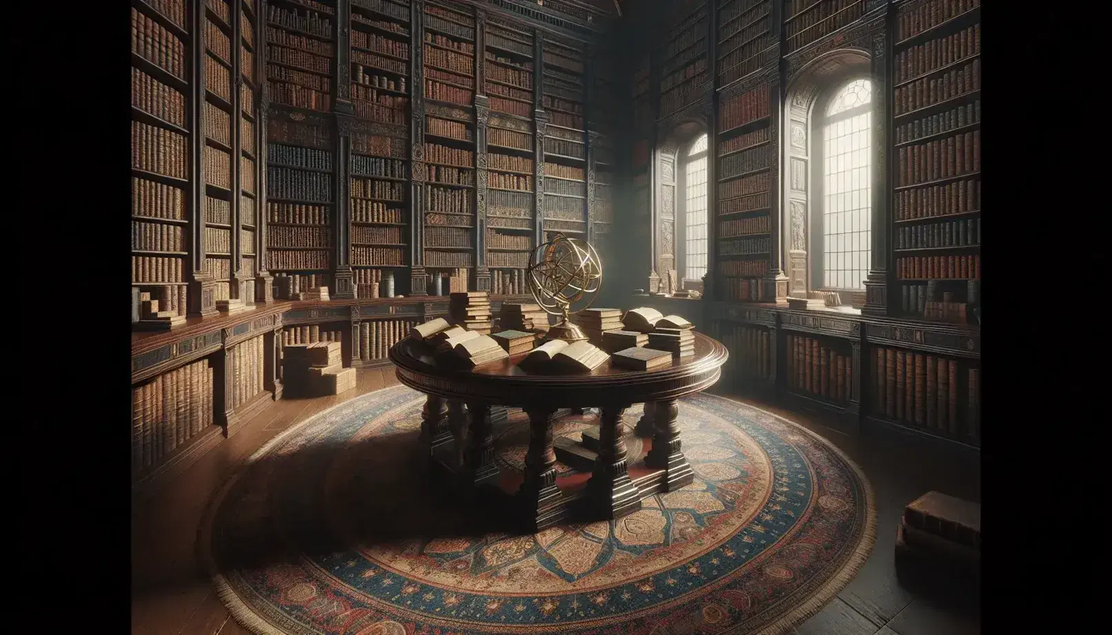 Biblioteca antica con scaffali in legno scuro pieni di libri rilegati, tavolo ovale al centro, sfera armillare in ottone e tappeto persiano.