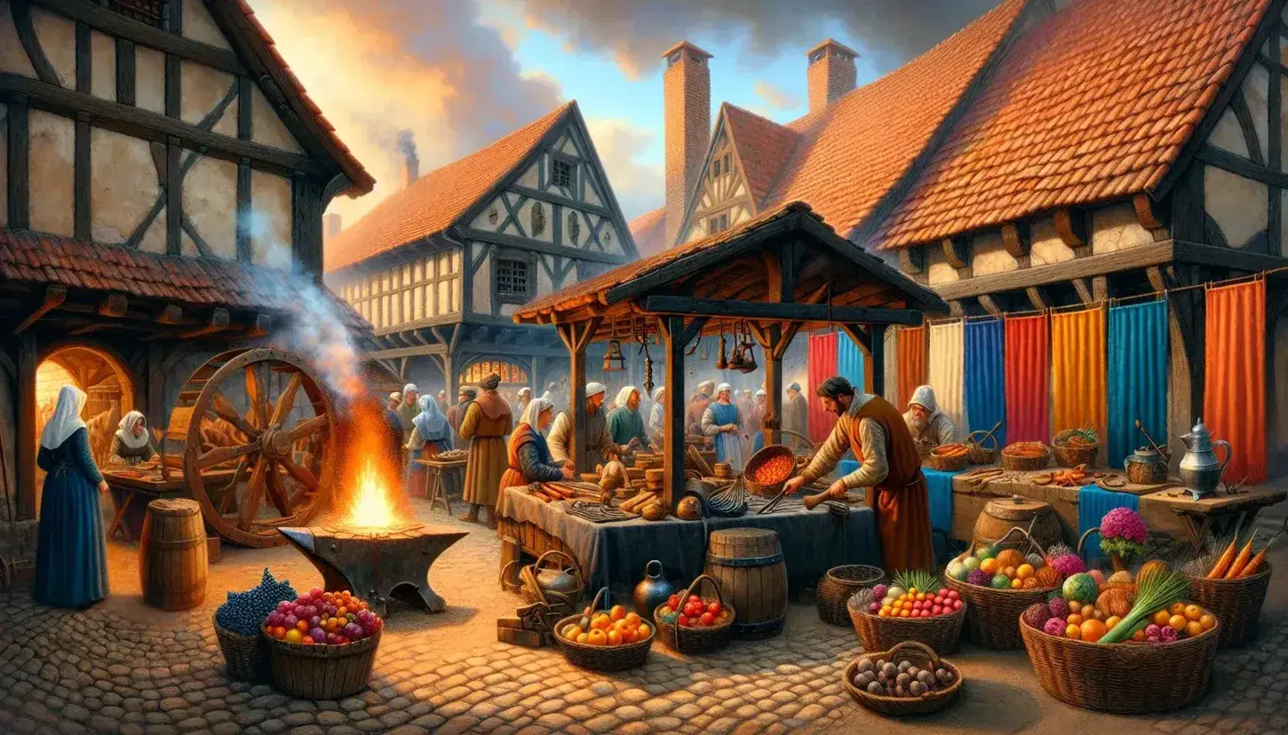 Mercato medievale all'aperto con bancarelle di frutta, verdura, tessuti, artigiano al lavoro, contadino con buoi e aratro, in una giornata soleggiata.