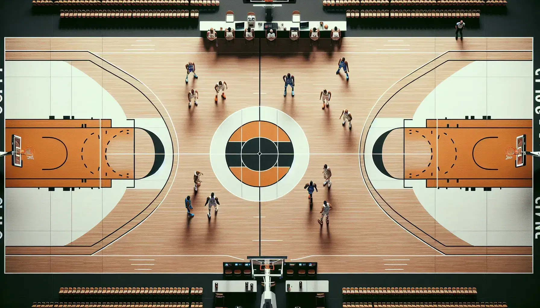 Vista aérea de una cancha de baloncesto profesional con jugadores en acción, aros con tableros transparentes y líneas de juego marcadas, sin público presente.