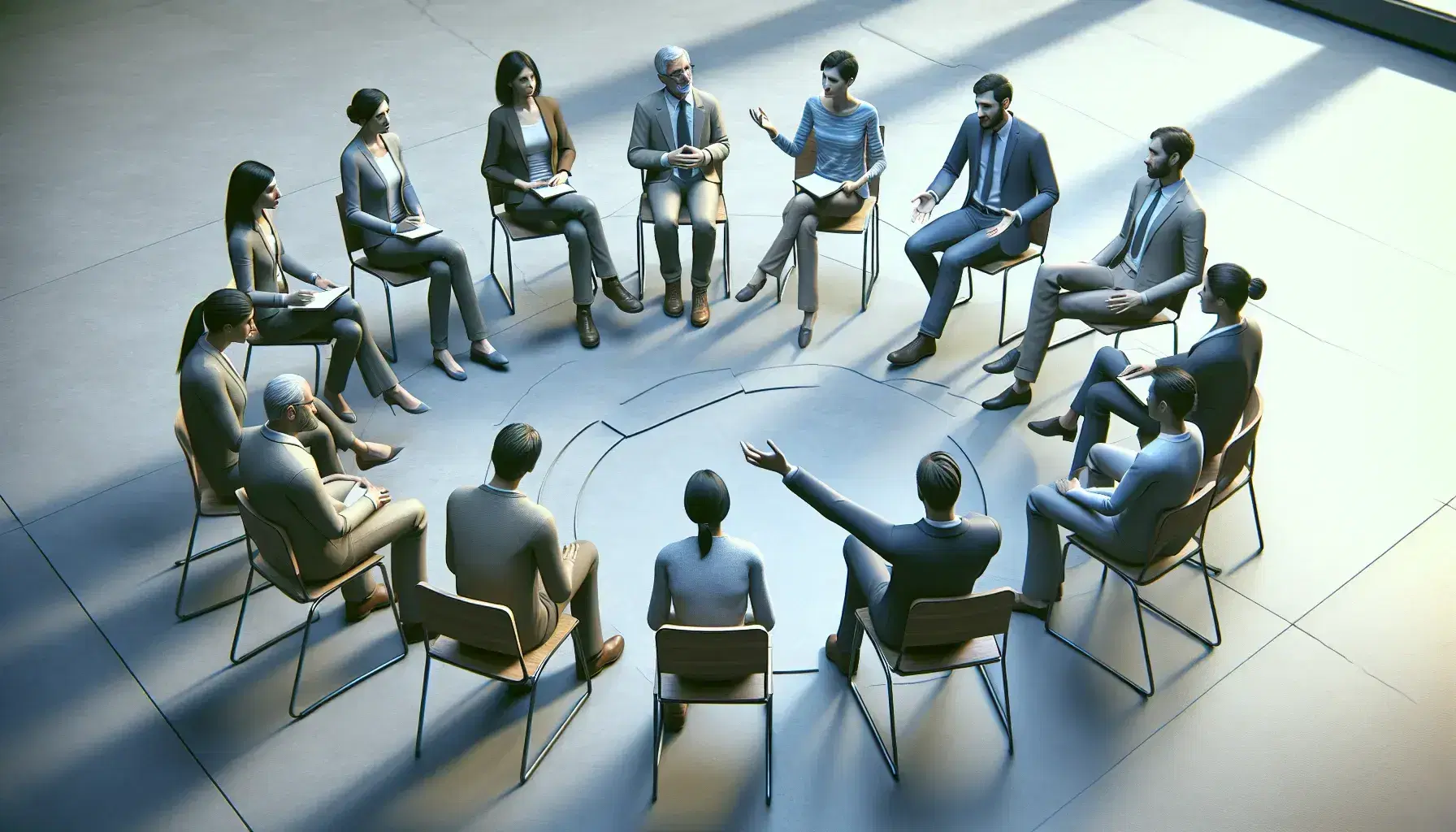 Multi-ethnic group of various ages and genders in lively discussion, sitting in a semi-circle with a speaker in the center in a simple, bright meeting room.