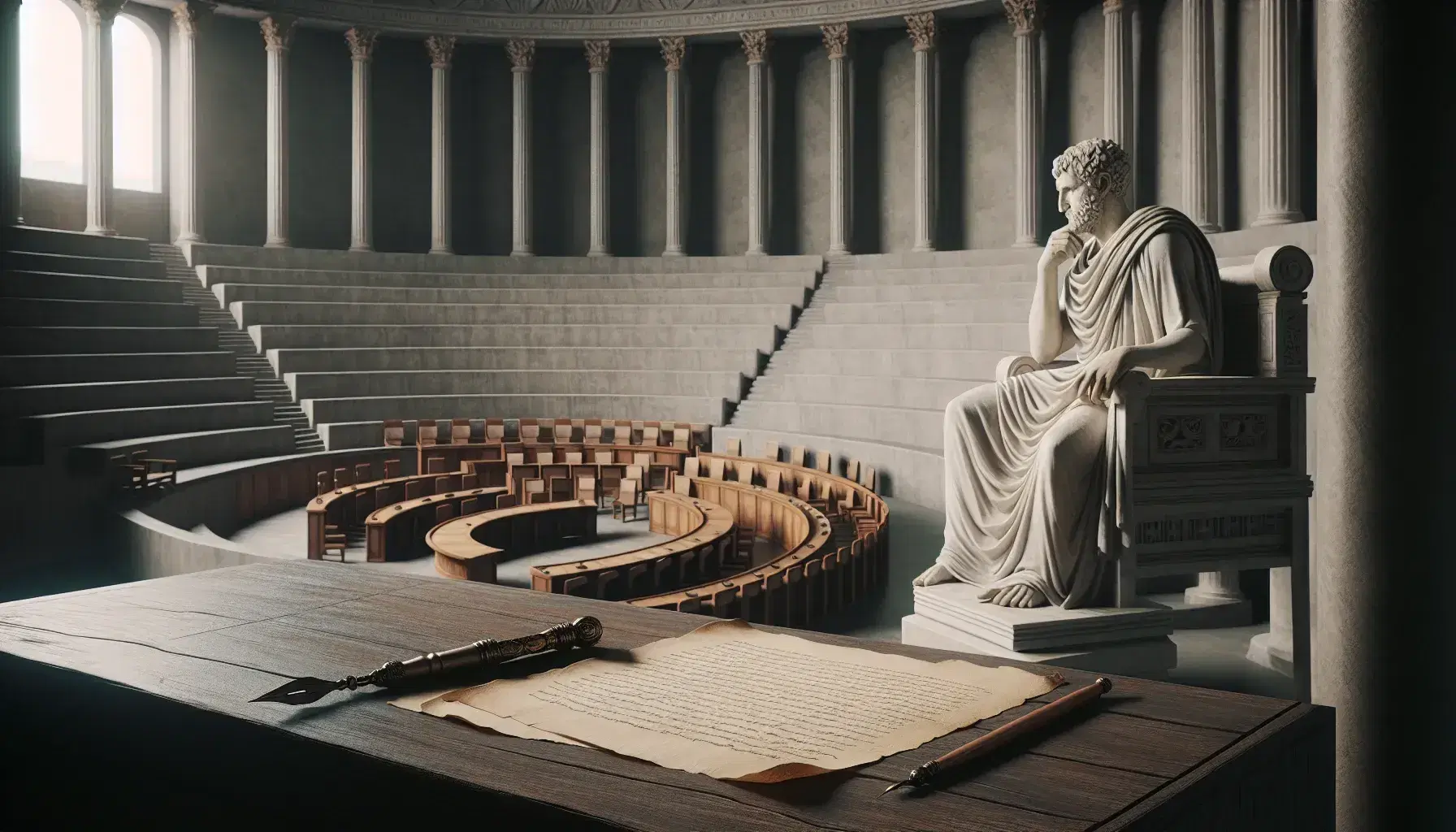 Scena di camera senatoria romana antica con sedili in pietra a semicerchio, statua di filosofo e tavolo con pergamene e penna di bronzo.