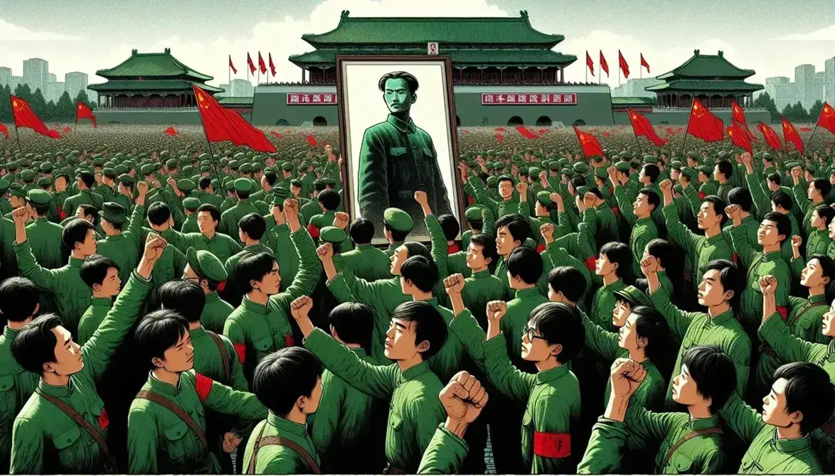 East Asian youths in military jackets and red armbands hold up a monochrome portrait, fists raised, in a traditional Chinese plaza with red banners.