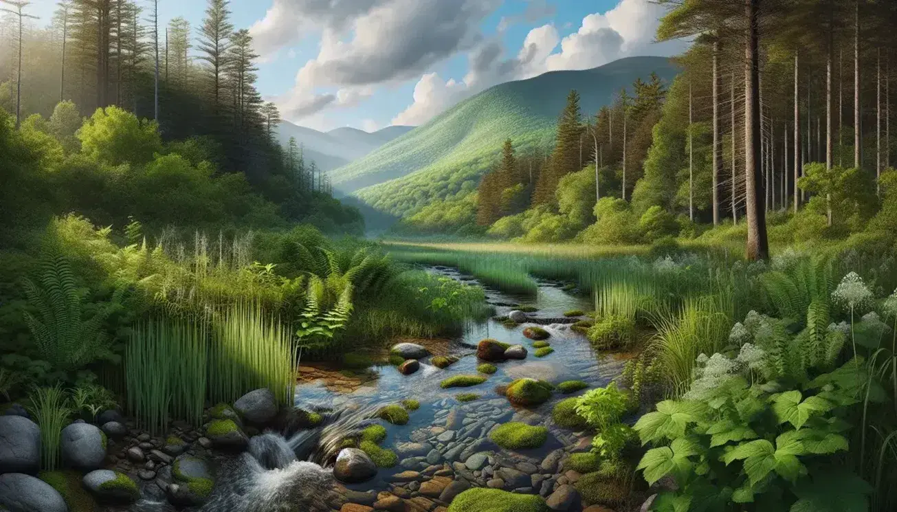 Paisaje natural con arroyo cristalino, rocas dispersas, vegetación frondosa y montaña al fondo bajo un cielo parcialmente nublado.