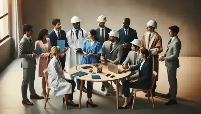 Grupo diverso de profesionales en reunión alrededor de una mesa con laptop, móviles y libreta, destacando una doctora, un ingeniero y una abogada.