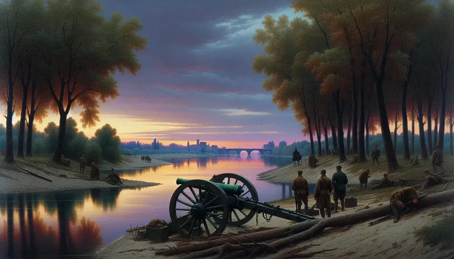 Paesaggio fluviale al crepuscolo con fiume Piave, cannoni d'epoca e soldati in uniforme storica riflessi nell'acqua sotto un cielo arancione e viola.