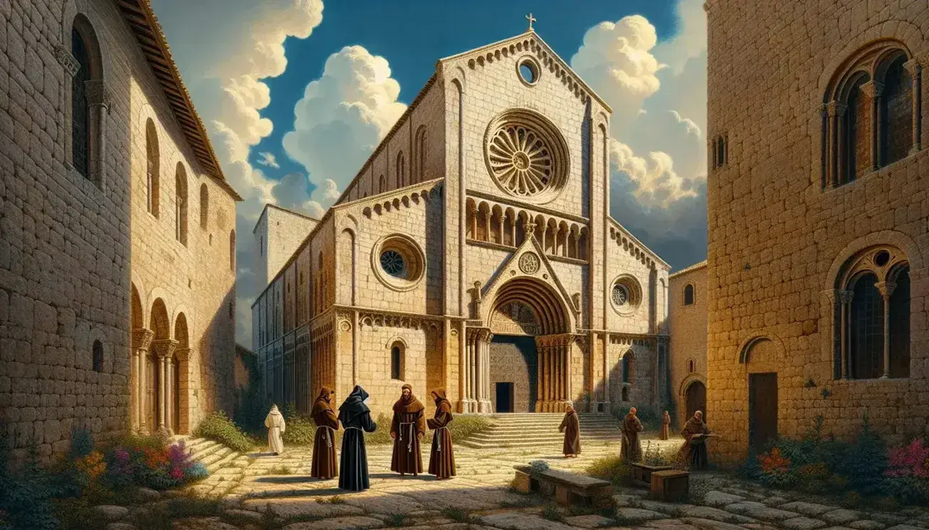 Chiesa romanica in pietra con rosone centrale, circondata da cielo azzurro e nuvole, con frati francescani e domenicano avvicinandosi all'ingresso.