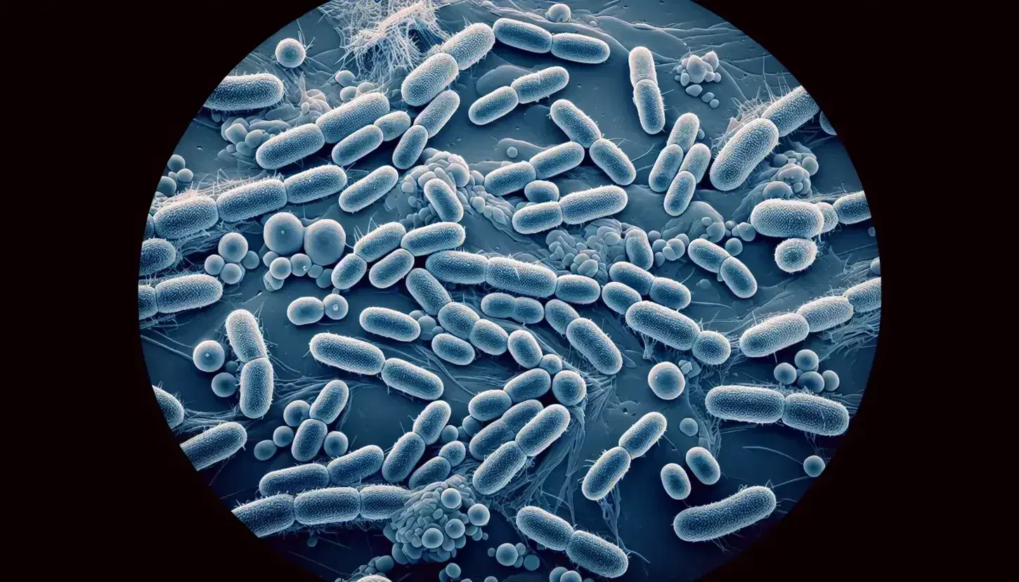 Vista microscópica de colonia bacteriana procarionte con células elongadas y redondeadas en tonos de azul por tinción, agrupadas en masa densa sobre fondo oscuro.