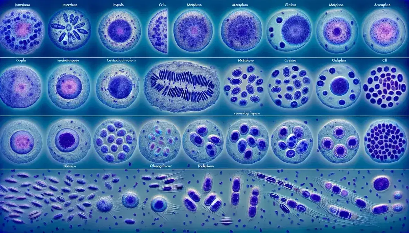 Cellule in fasi di mitosi al microscopio ottico, con nuclei in interphase, cromosomi in metaphase, anaphase e telophase su sfondo blu.