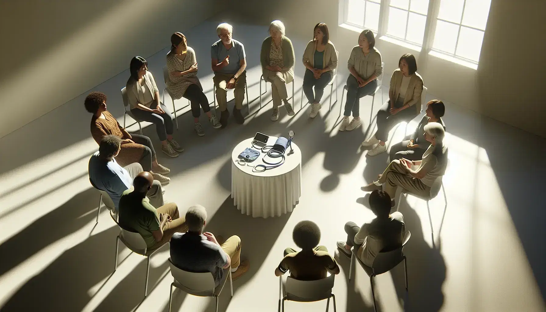 Multi-ethnic and intergenerational group in circle with medical instruments on table, expressing interest and attention in serene environment.