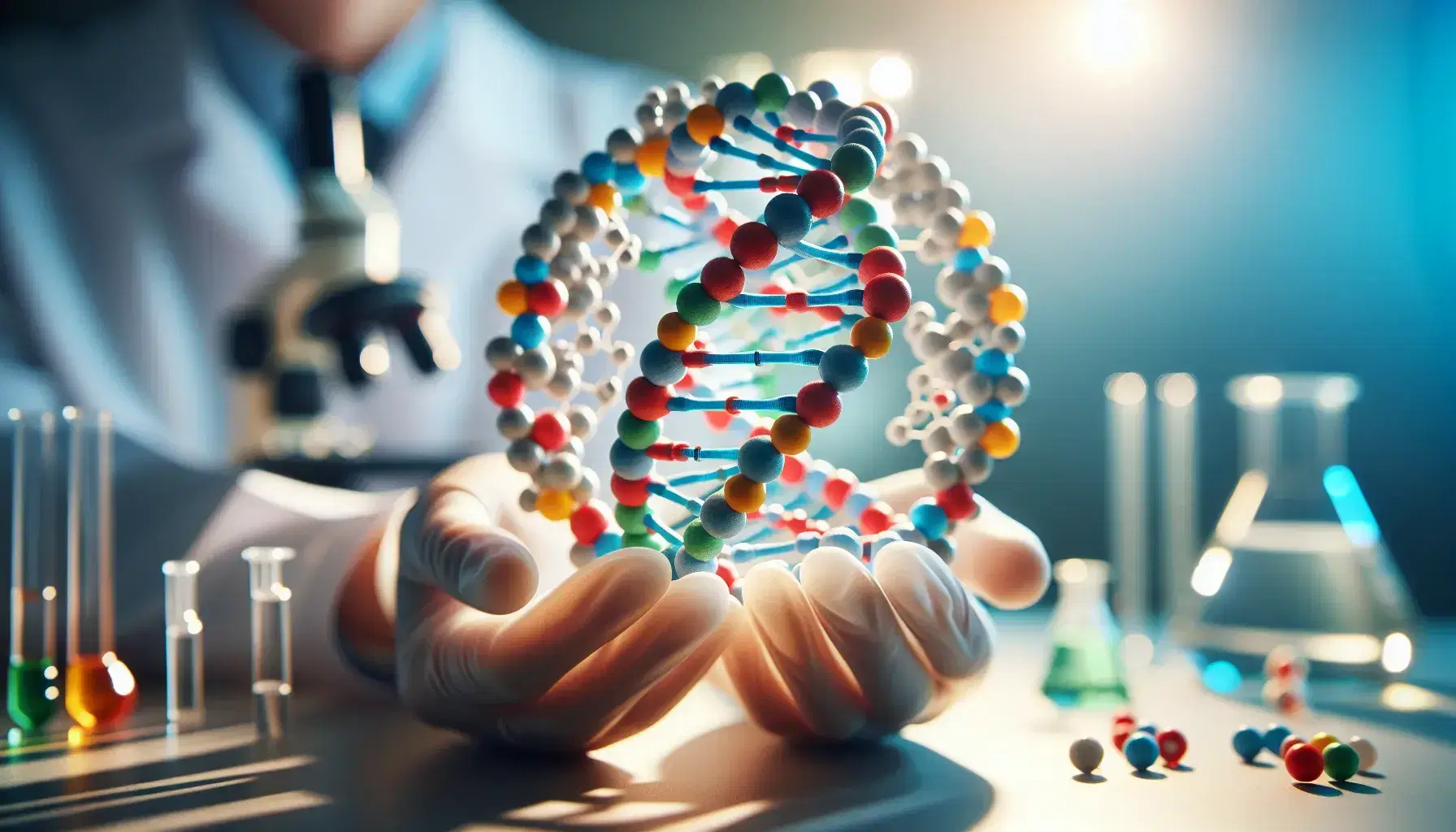 Geneticist's hands in latex gloves holding a colorful DNA model with blue, red, green, and yellow spheres in a blurred laboratory background.