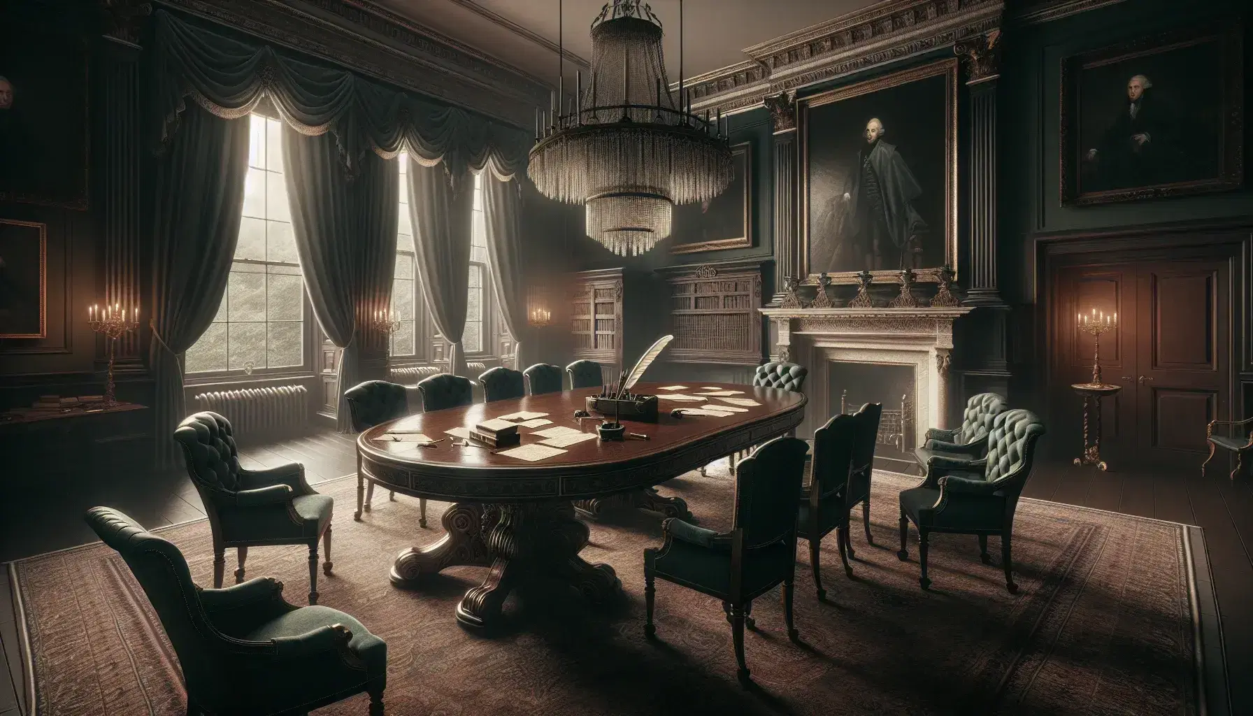 19th-century meeting room with oval wooden table, green high-backed chairs, quill pen, parchment, and leather-bound ledger, under a crystal chandelier.
