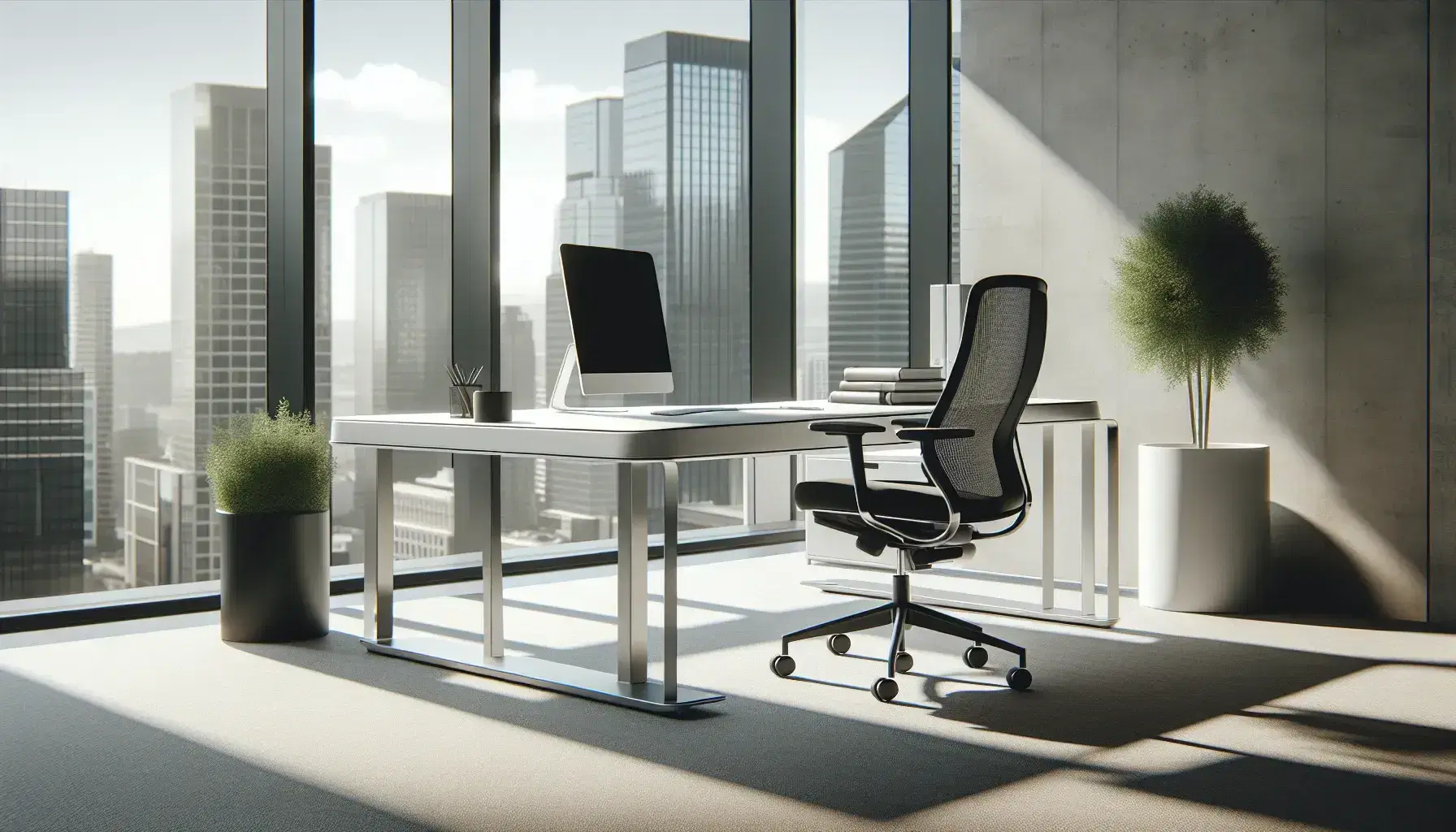 Modern office with a white desk, ergonomic black chair, and a potted plant, with a partial view of a sleek company car and cityscape through a large window.