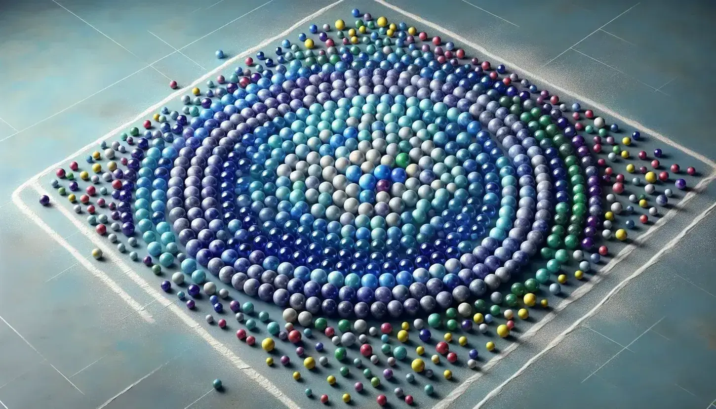 Colorful marbles arranged on a surface with blue marbles in a central circle outlined by white chalk, surrounded by red, green, yellow, and purple marbles.