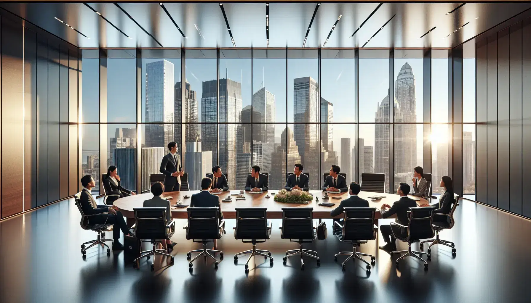 Diverse group of professionals in a corporate meeting room with a large wooden table, leather chairs, and a city skyline view through floor-to-ceiling windows.