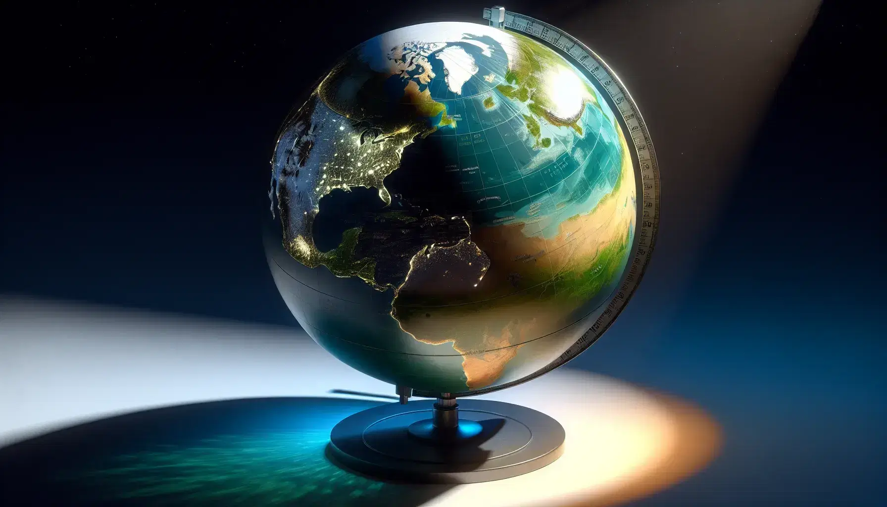 Globo terrestre su supporto inclinato con effetto giorno e notte, dettagli geografici visibili e sfondo stellato.