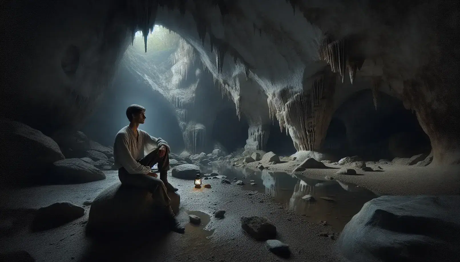 Man sitting on a boulder in a quiet cave with rough walls and stalactites, near a simple clock on another rock.