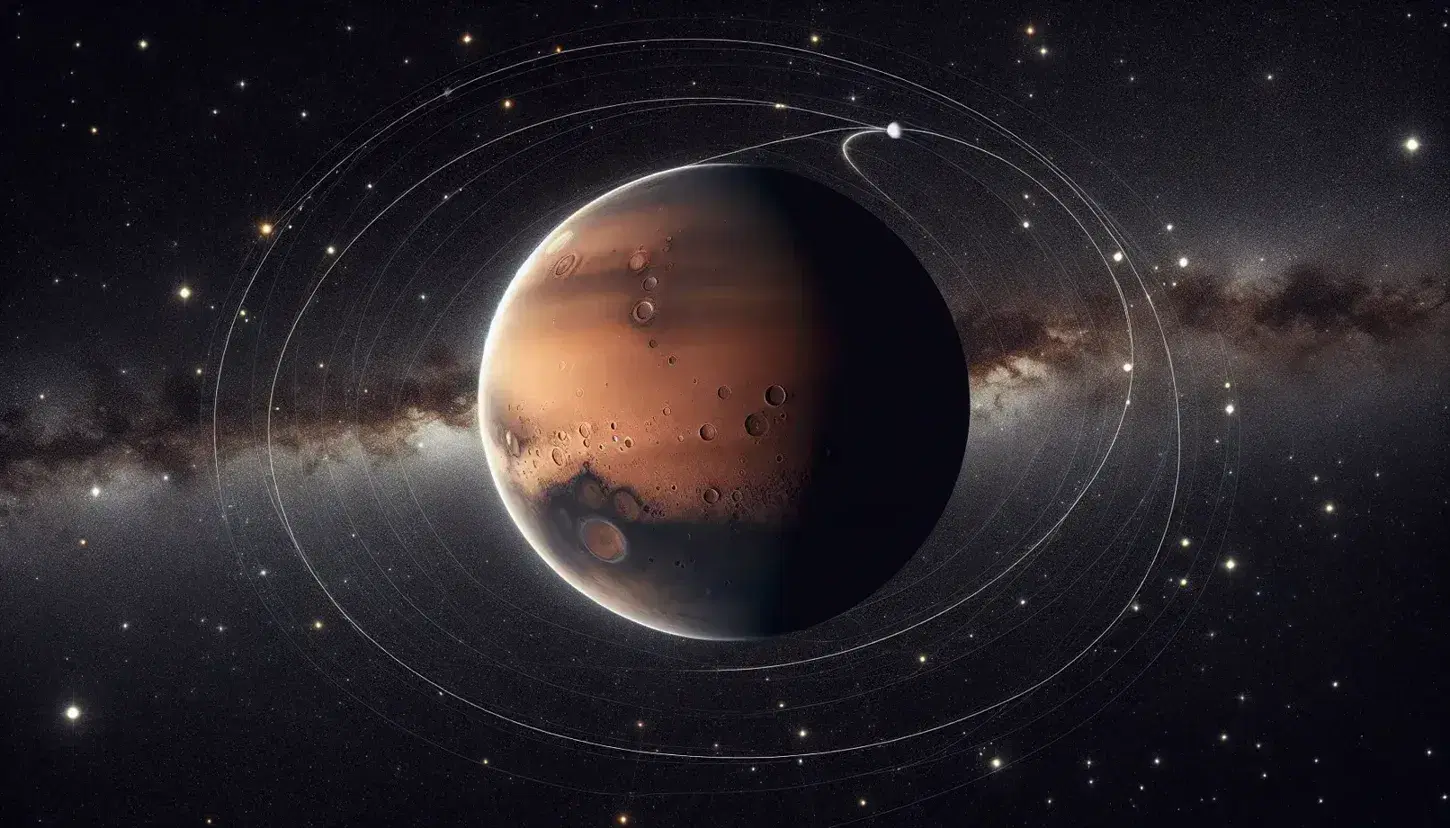 Cielo notturno stellato con pianeta Marte rosso-bruno al centro, luna grigia a sinistra e traccia luminosa di satellite sopra.