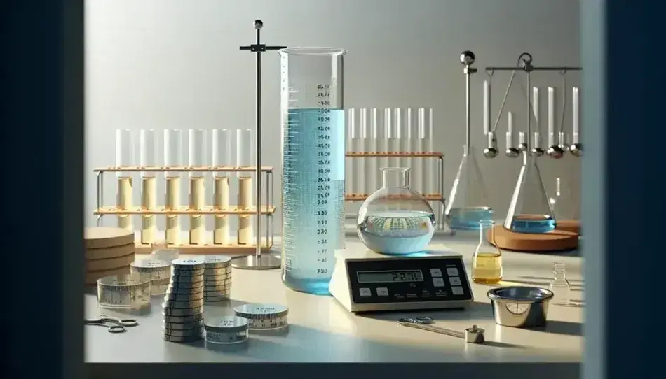 Mesa de laboratorio con cilindro graduado con líquido azul, balanza digital, pesos calibrados y tubos de ensayo con líquidos de colores.