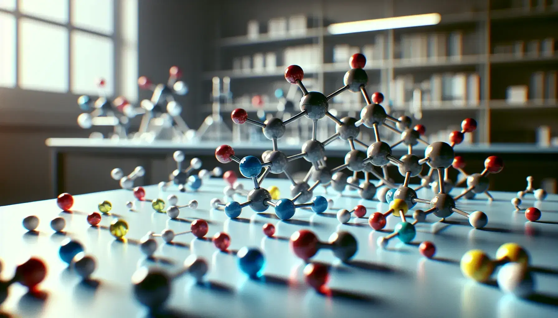 Modelli molecolari tridimensionali con sfere colorate e aste su tavolo da laboratorio chimico, riflessi di luce su superfici lucide.