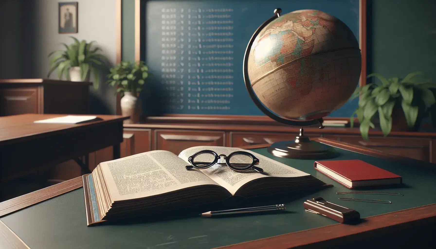French language classroom with teacher's desk, open textbook, round-framed eyeglasses, red notebook, clean chalkboard, globe, and potted plant.