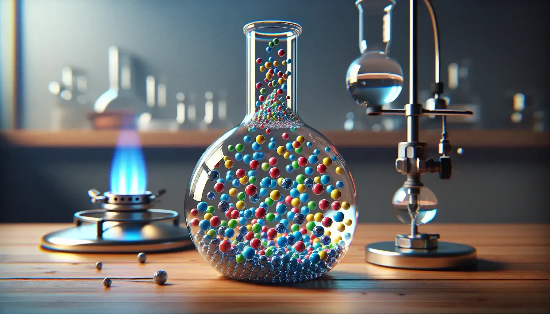 Glass flask on wooden table with colored spheres representing gas molecules, unlit Bunsen burner on the side, gradient background.