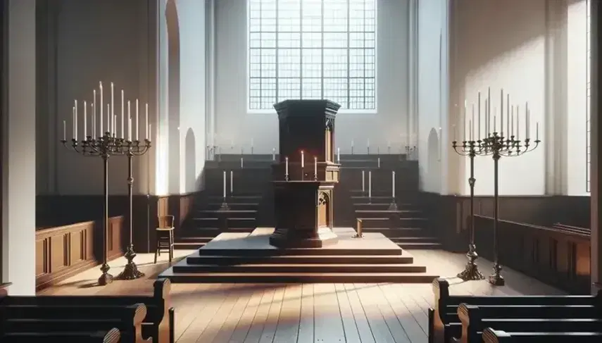 Interno luminoso di chiesa calvinista con pulpito in legno scuro, banchi ordinati, candelabri metallici e grande finestra che irradia luce naturale.