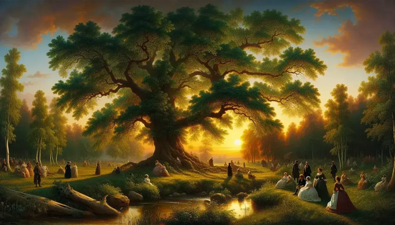 Albero rigoglioso al tramonto con persone in abiti d'epoca romantica, cielo sfumato rosa e viola, ruscello e rocce in primo piano.