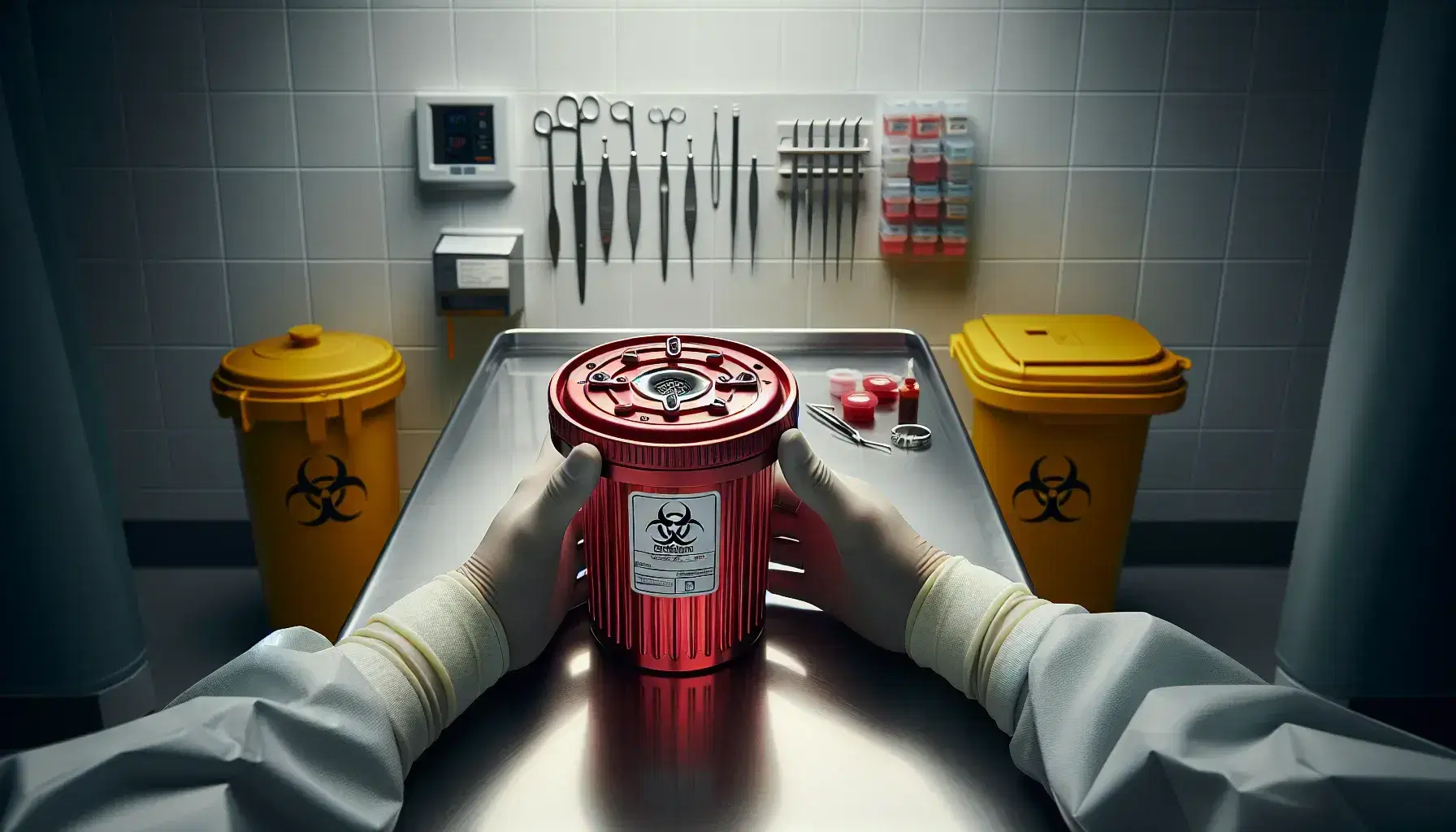 Manos enguantadas de profesional de la salud sujetando contenedor rojo para objetos punzocortantes con etiqueta de bioseguridad, mesa de instrumentos médicos y basurero amarillo con símbolo de riesgo biológico.