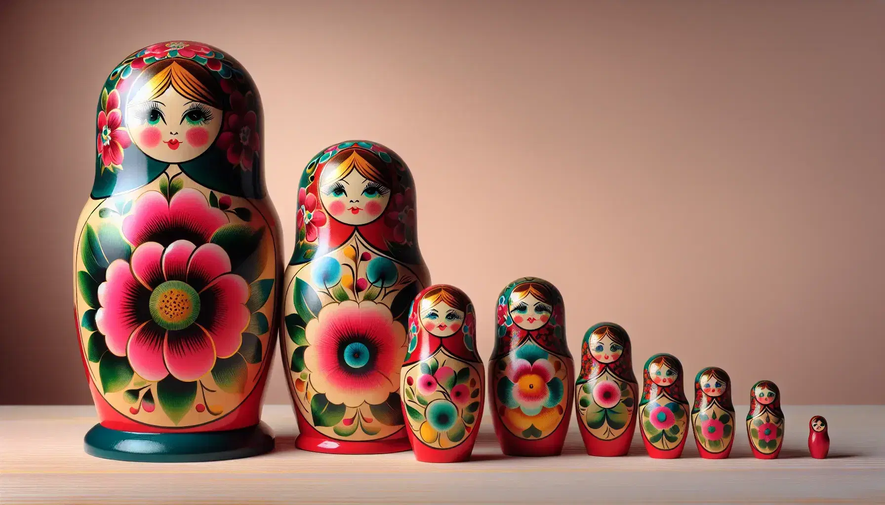 Series of five colorful Russian matryoshka dolls in a row on a light wooden surface, with the largest open showing the smallest inside.
