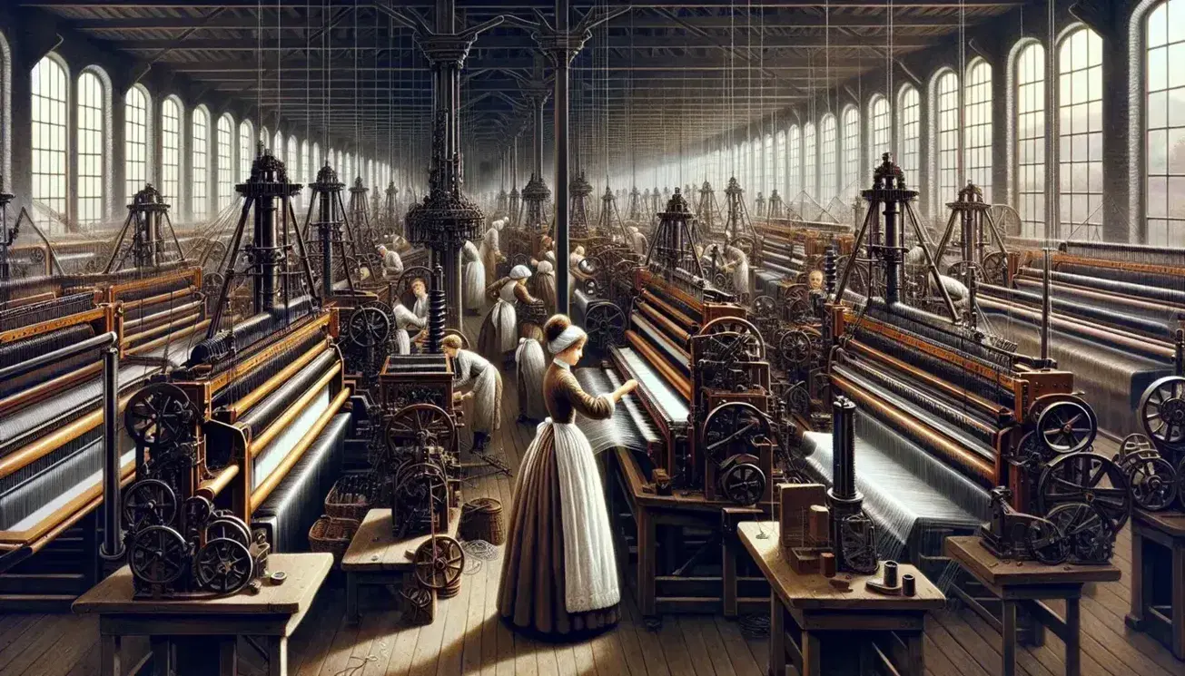 Escena de fábrica textil de la Revolución Industrial con mujer operando telar y trabajadores entre maquinarias de hilado en un ambiente iluminado naturalmente.