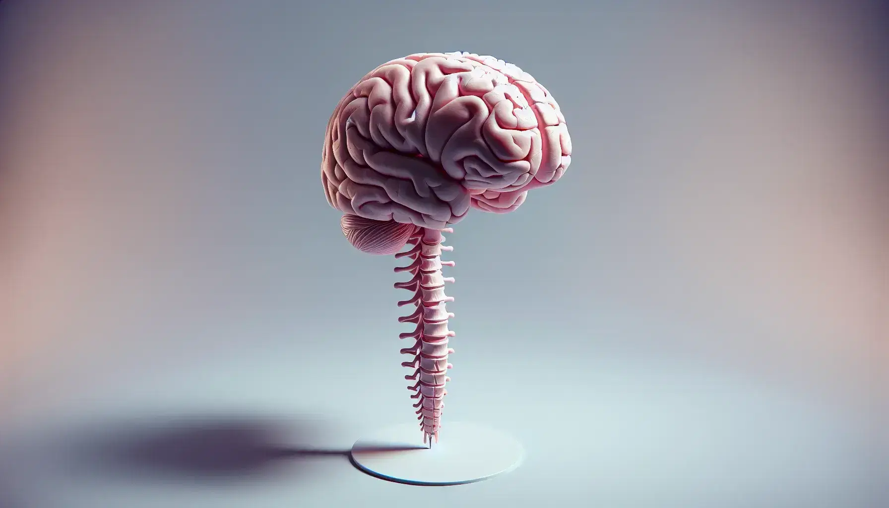Modelo tridimensional detallado del cerebro humano y médula espinal en tonos rosas y púrpuras sobre fondo neutro, destacando las texturas y formas anatómicas.