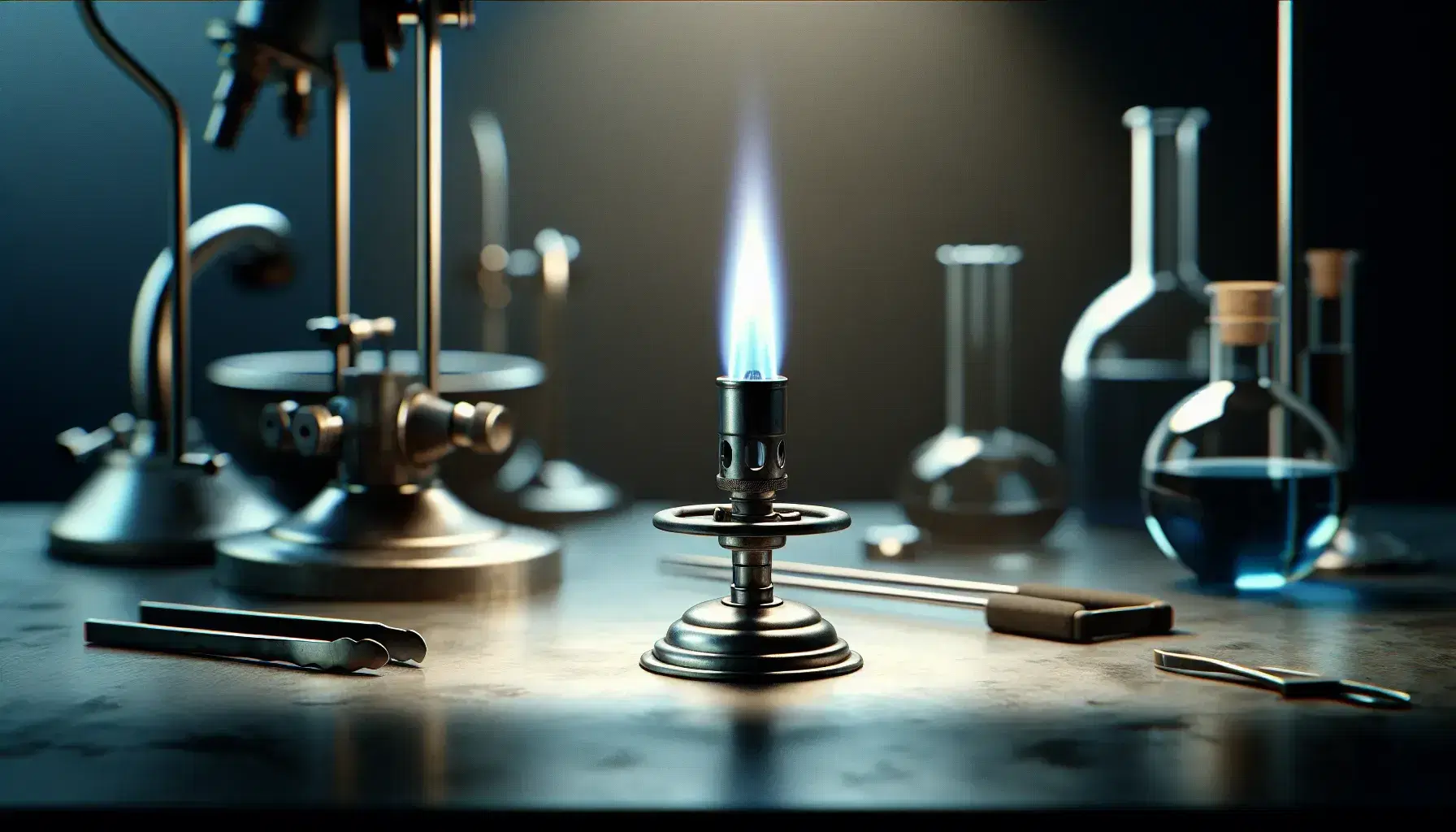 Quemador Bunsen encendido con llama azul de combustión completa en laboratorio, rodeado de pinzas metálicas, soporte de hierro y matraz de vidrio.