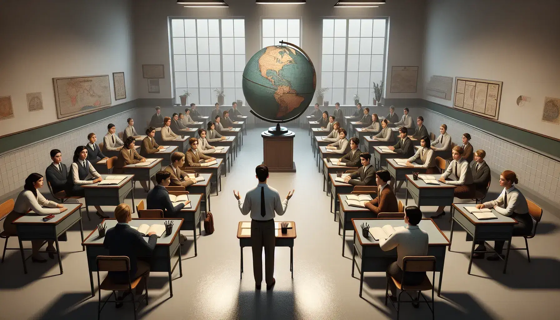 Diverse students focus in a semi-circular classroom setup with open books, attentive to a teacher explaining a concept near a label-free globe.