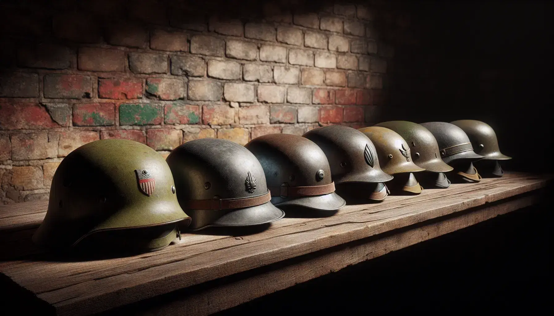 Fila de cascos militares de la Segunda Guerra Mundial sobre superficie de madera, con variados diseños y colores, mostrando uso y desgaste, ante un fondo de ladrillo envejecido.