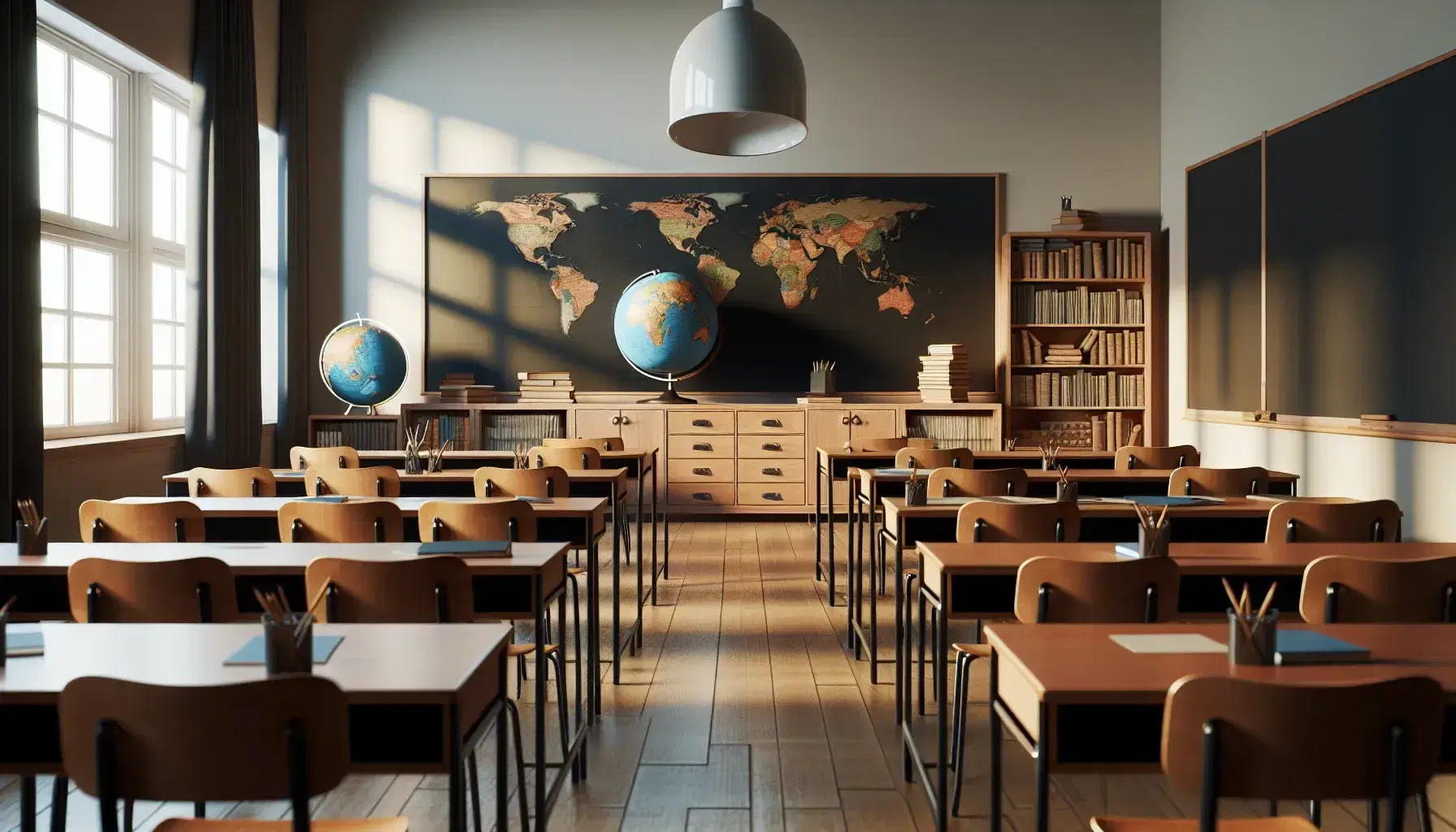 Aula escolar vacía con pupitres de madera en filas, pizarra negra grande, globo terráqueo y estantería con libros, iluminada por una lámpara y luz natural.