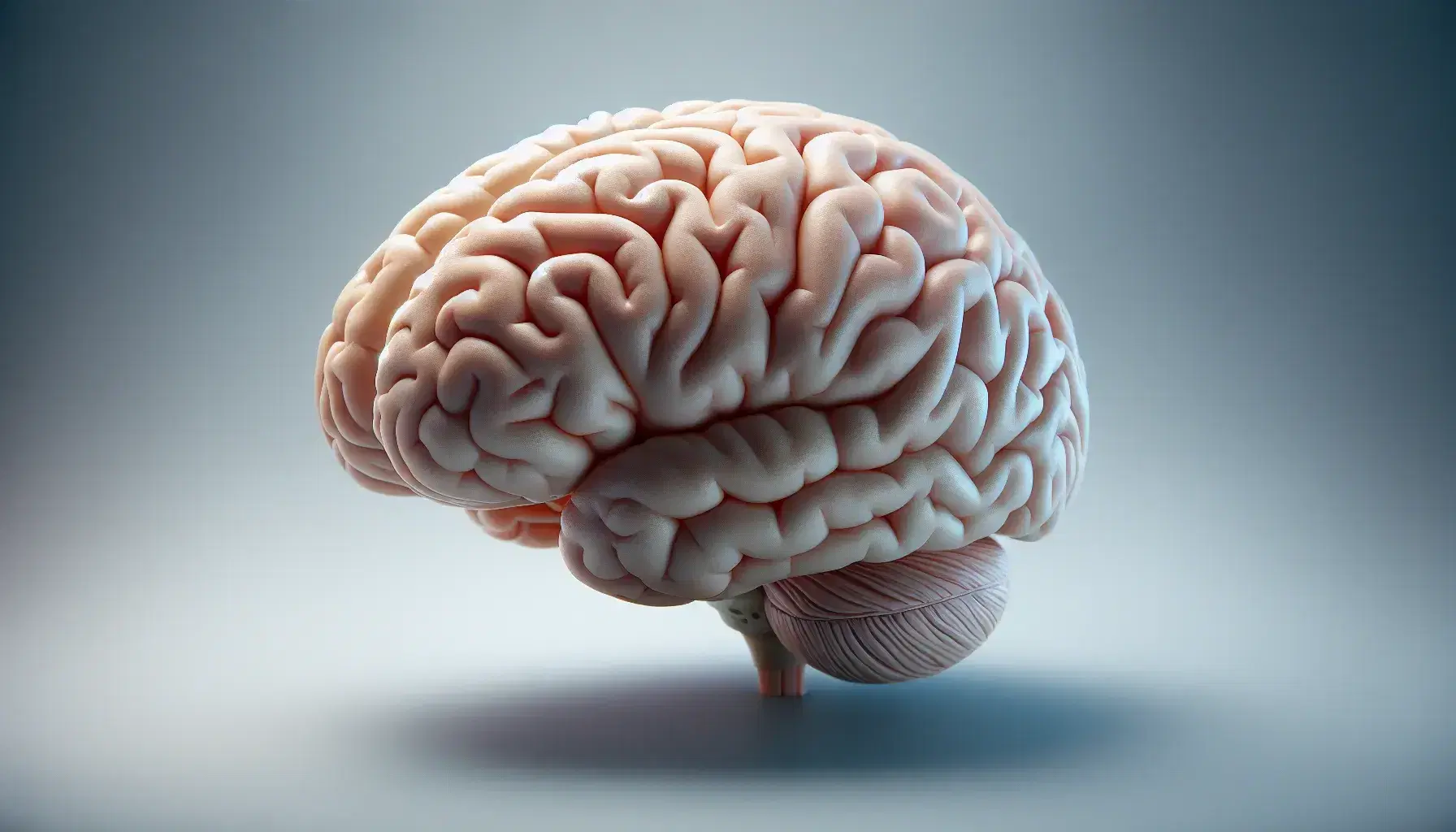 Detailed anatomical model of the human brain with hemispheres in shades of pink, sulci and gyrus visible on a neutral gray background.