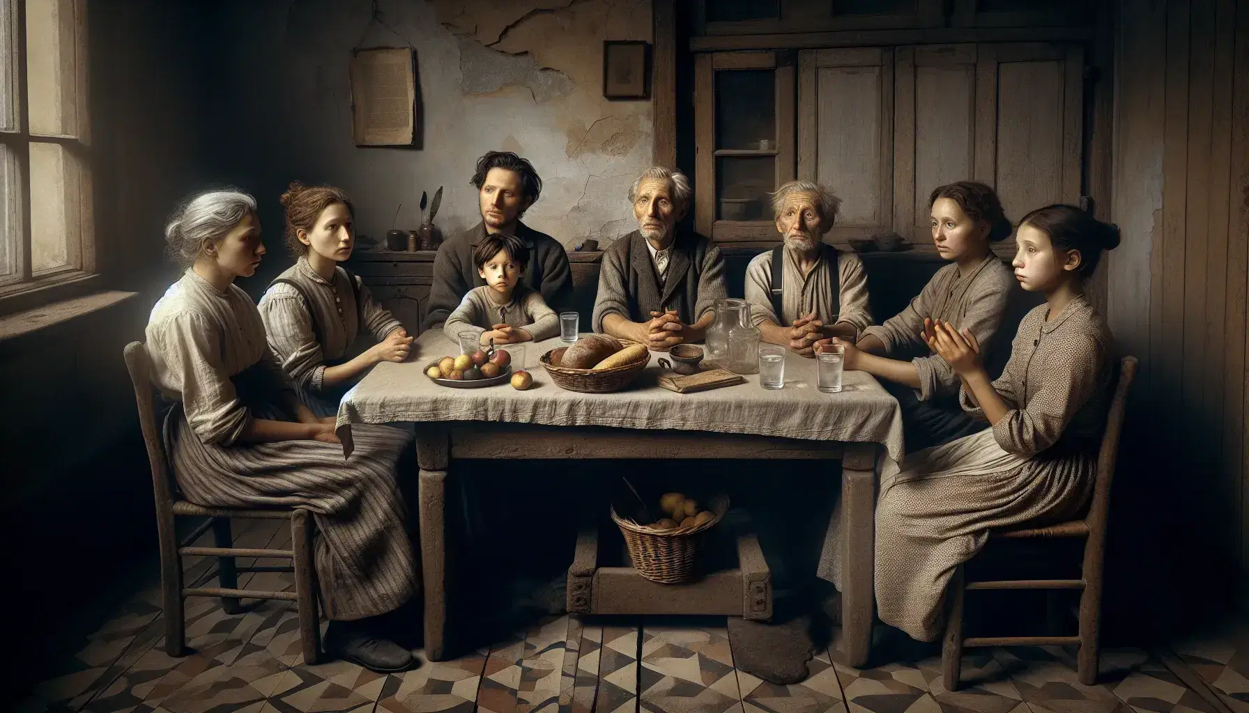 Familia de cinco personas en serio debate alrededor de mesa de madera con libros, cesta de alimentos y vasos de agua, en habitación con luz tenue.