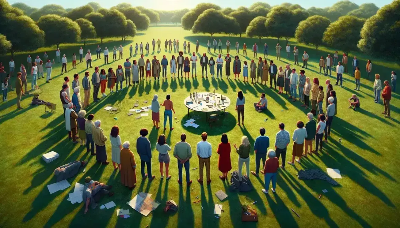 Grupo diverso de personas en reunión al aire libre en parque, sentados en círculo con mesa redonda y objetos de escritura, rodeados de naturaleza en día soleado.