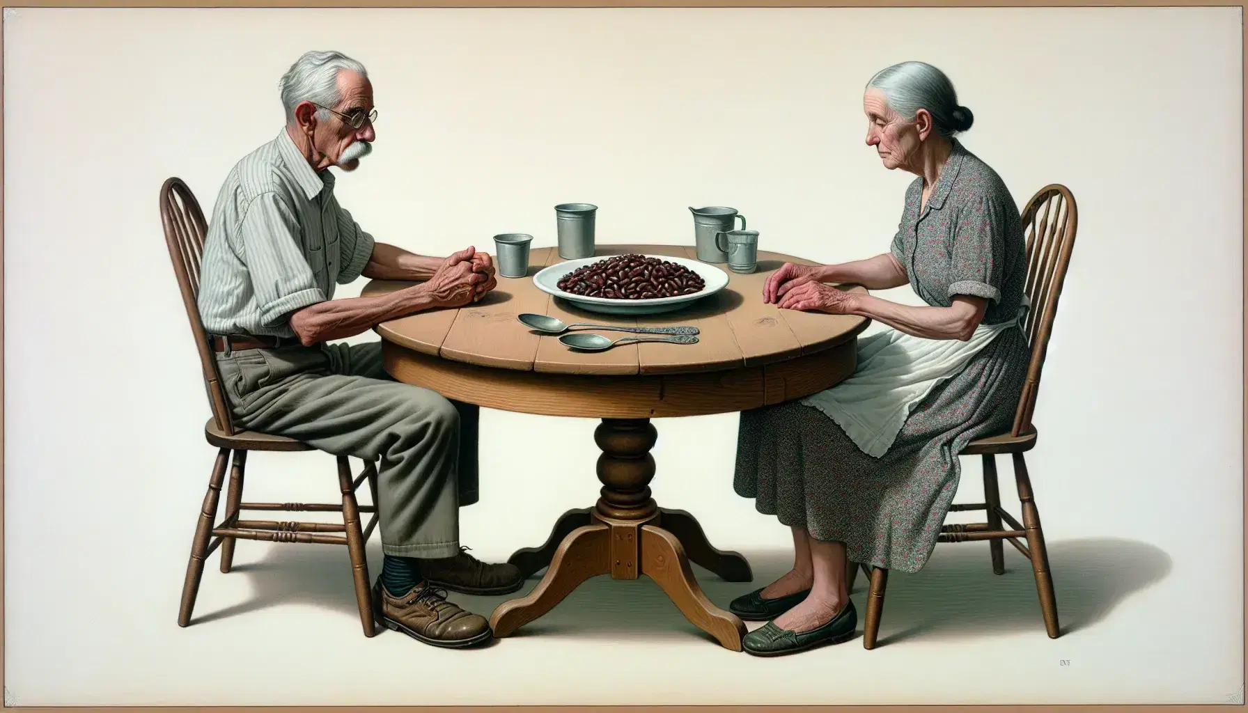 Elderly couple seated at a wooden table with a plate of glossy kidney beans and a metal spoon, in a softly lit, cozy kitchen setting.
