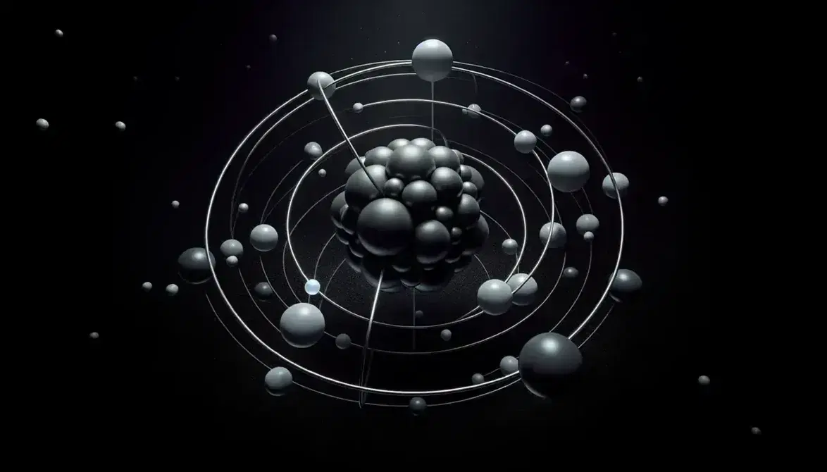 Rappresentazione stilizzata di un atomo di carbonio con nucleo nero centrale e sei elettroni grigi in orbita su sfondo cosmico nero.