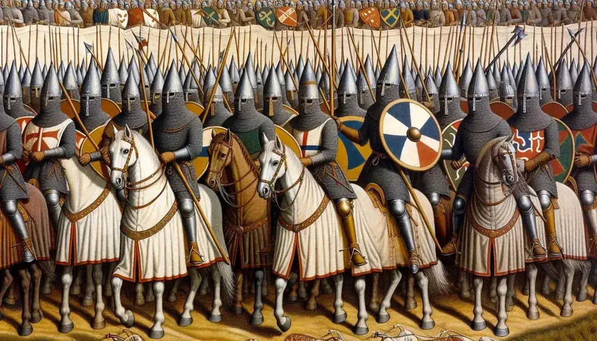 Realistic oil painting depicting the Battle of Hastings with Norman knights on horseback and Anglo-Saxon foot soldiers in a grassy field under a gray sky.