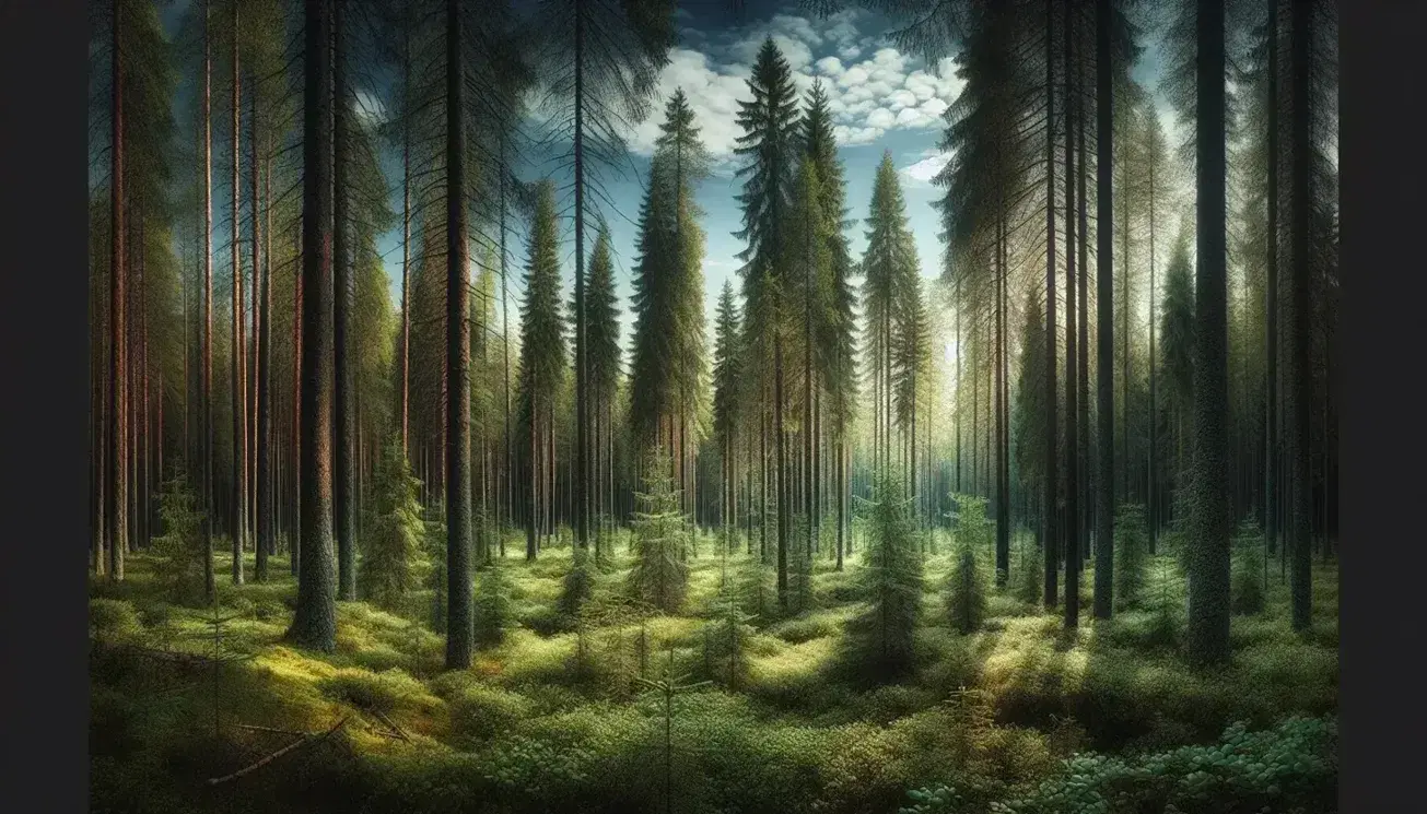 Foresta di conifere nella taiga con alberi di abeti e pini, alcuni rami virano in giallo-arancio, fauna locale e cielo parzialmente nuvoloso.