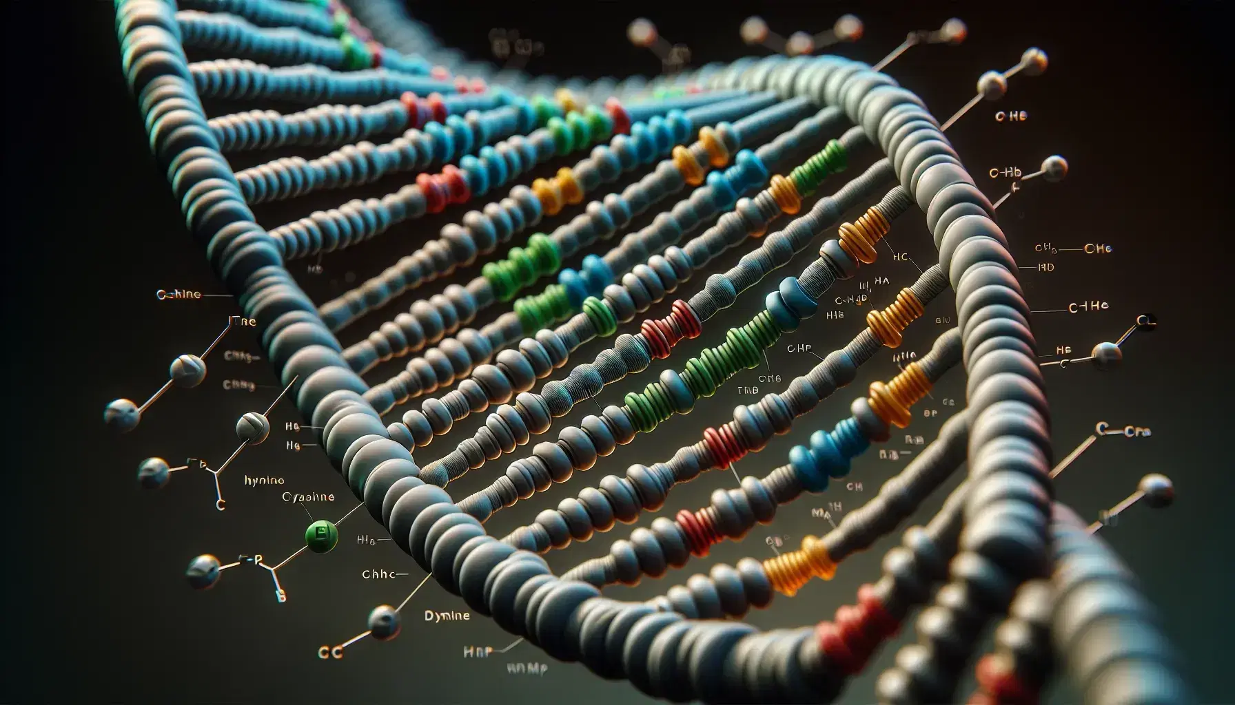 Three-dimensional model of double helix DNA with alternating sugars and phosphates and paired nitrogenous bases in dark green, red, blue and yellow.