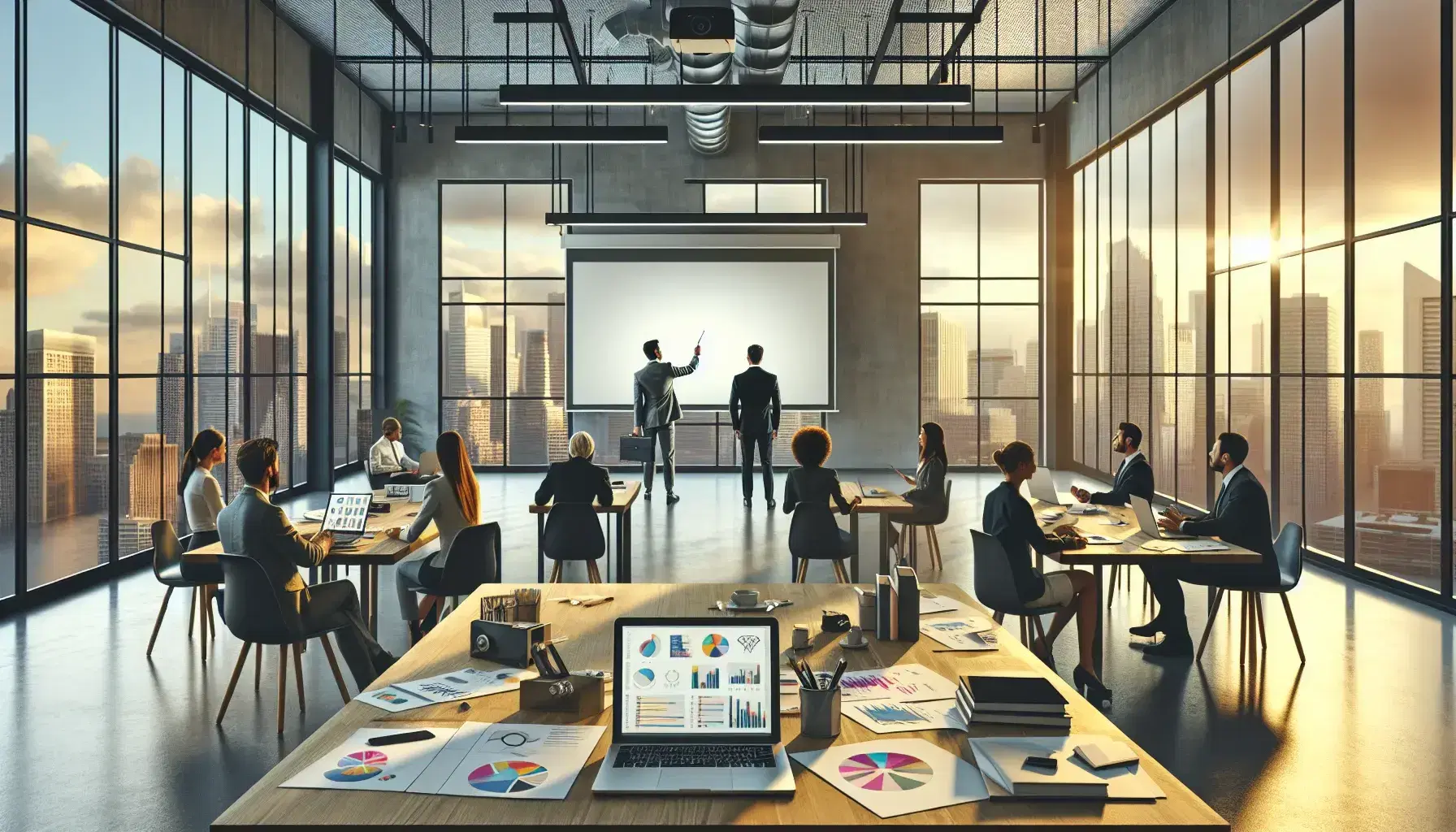 Diverse team collaborates around a table with a laptop, tablet, and charts in a sunlit, modern advertising agency office with a city view.