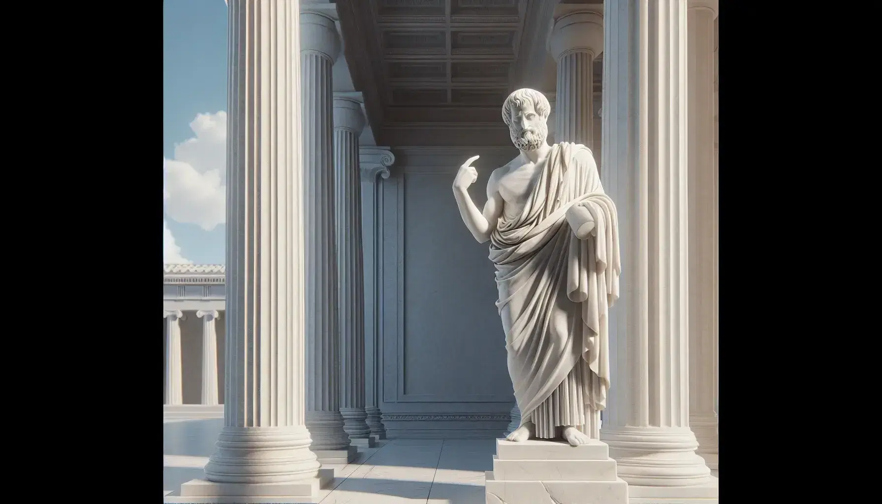 Estatua de mármol blanco de Aristóteles con túnica, mano derecha al pecho y la izquierda sobre un pergamino, frente a columnas dóricas y cielo azul.