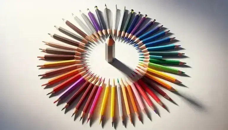 Matite colorate disposte a cerchio con sfumature dell'arcobaleno e una matita grigia centrale verticale su sfondo bianco.