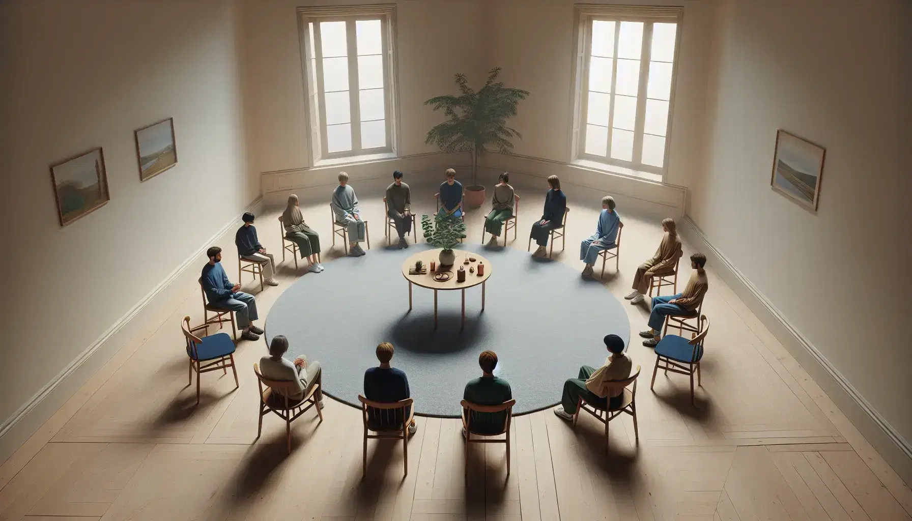 Círculo de sillas de madera con asientos azules y personas en conversación en una sala iluminada con luz natural, planta central y alfombra gris.