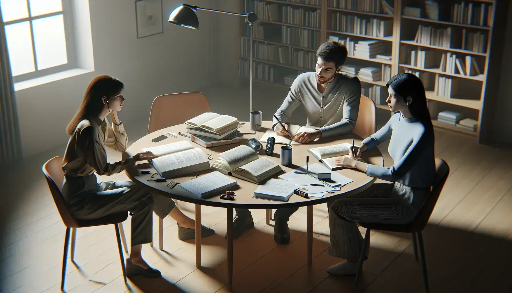 Tres profesionales en reunión de trabajo alrededor de una mesa redonda con documentos, libros con marcadores, grabadora digital y tazas de café, en un ambiente iluminado por lámpara de pie.