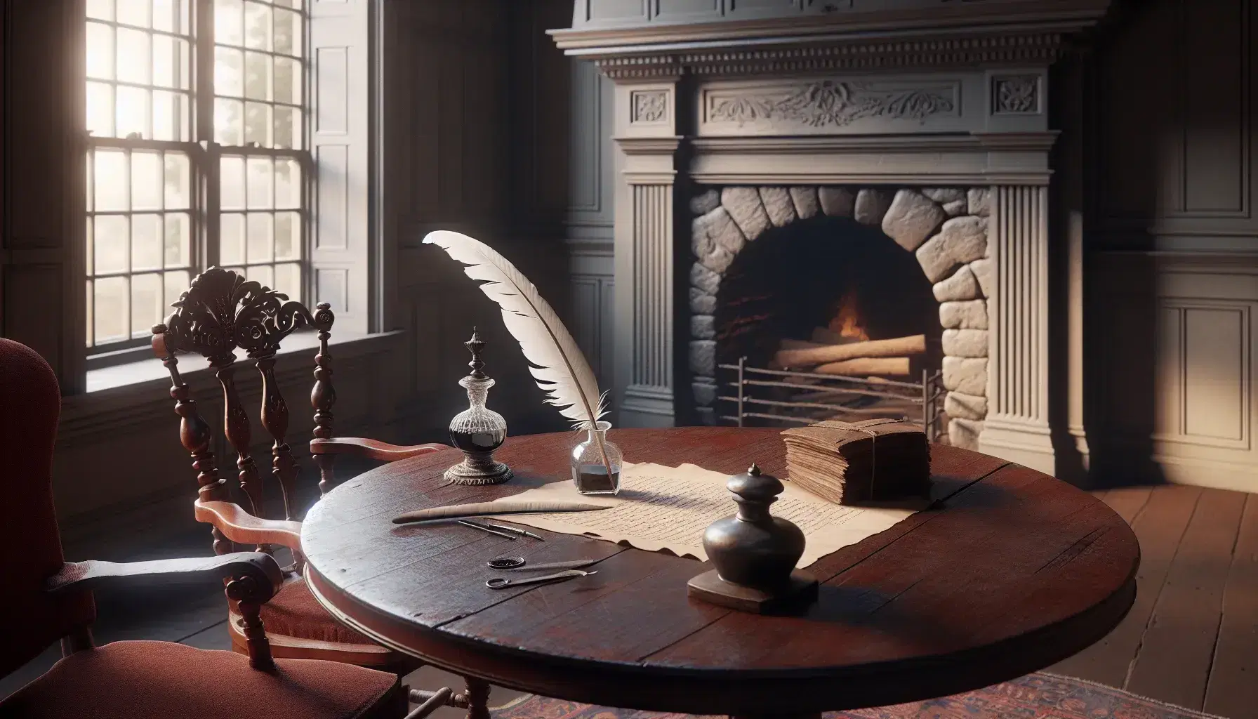 18th-century colonial room with a polished round wooden table, quill and inkwell, rolled parchment, and a high-backed chair with red velvet.